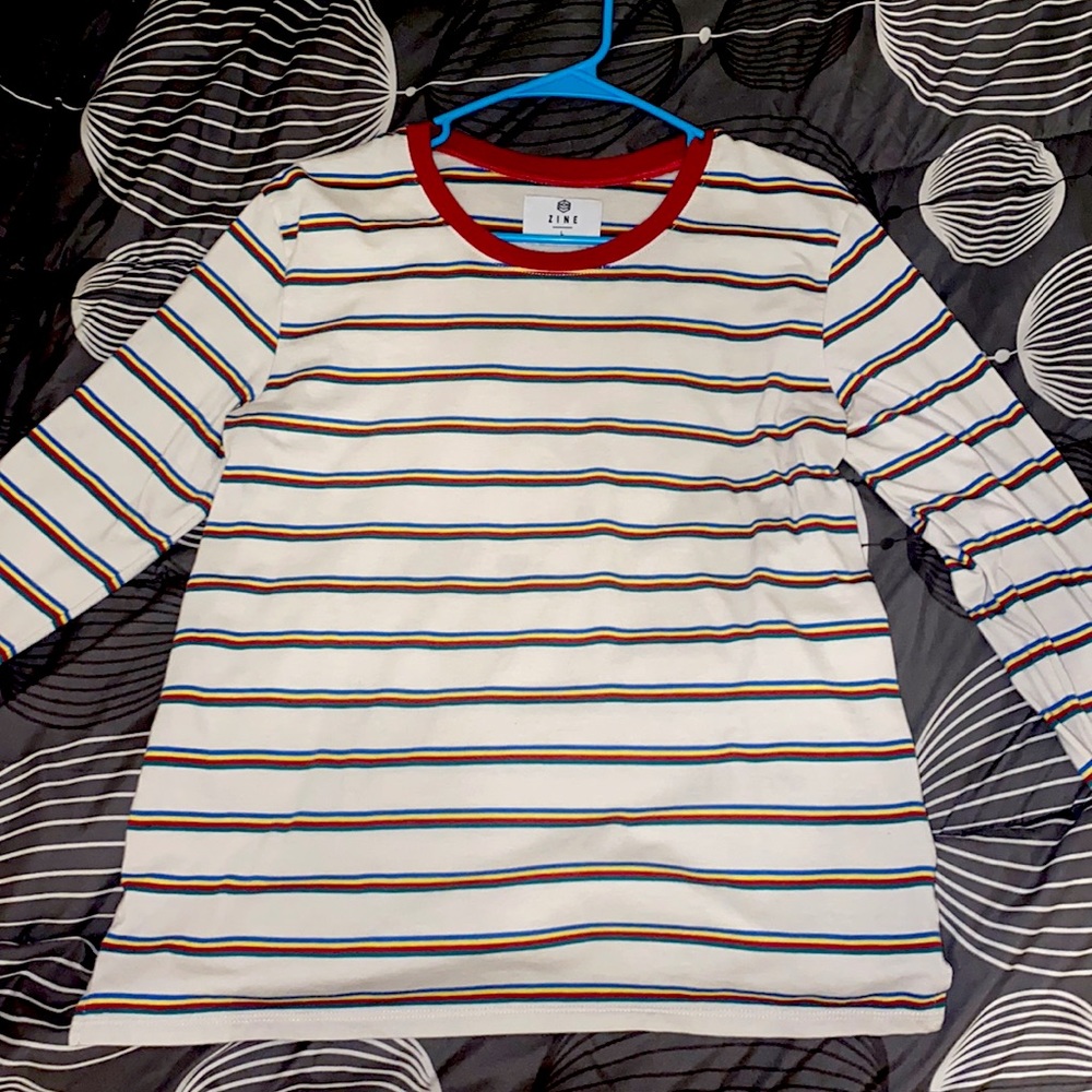 White long sleeve tee with red, blue, yellow, and green stripes. Worn once.